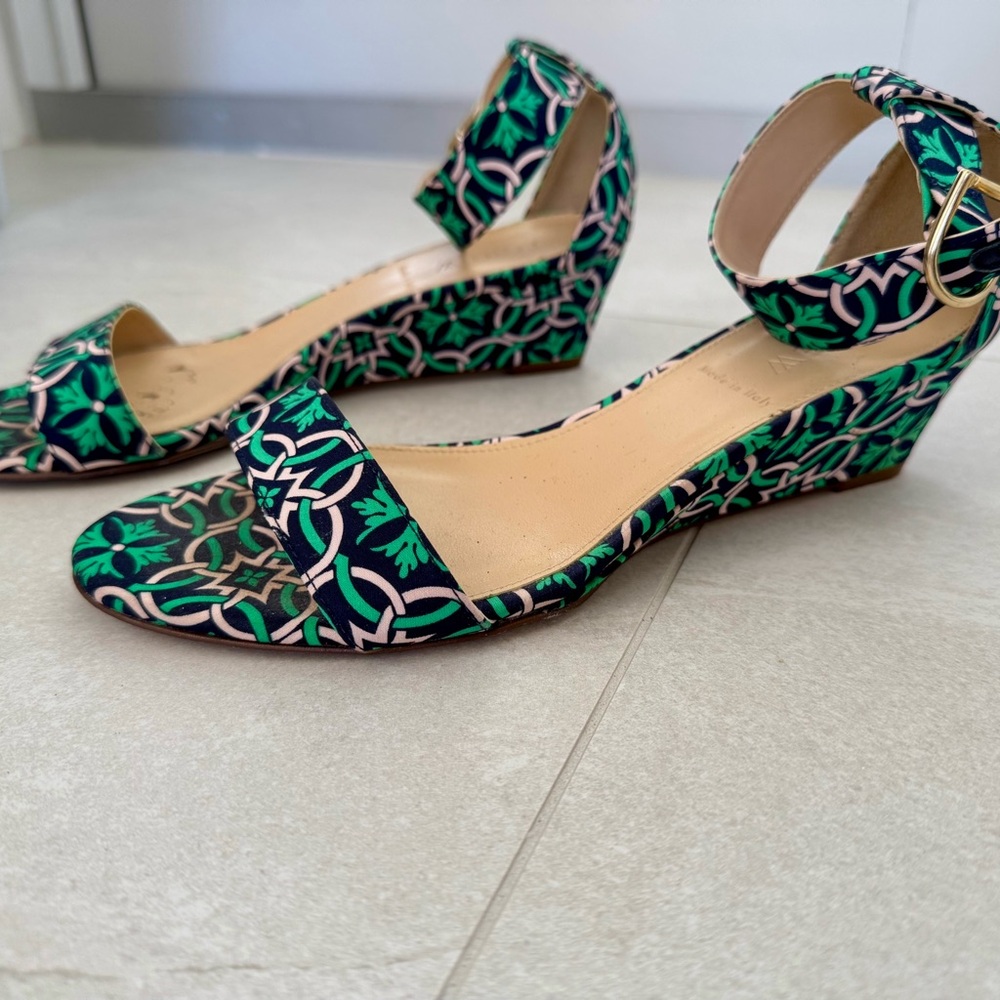 J. Crew Patterned Green Wedge Sandals